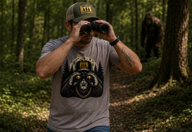 Man in forest wearing gray shirt and cap looking through binoculars