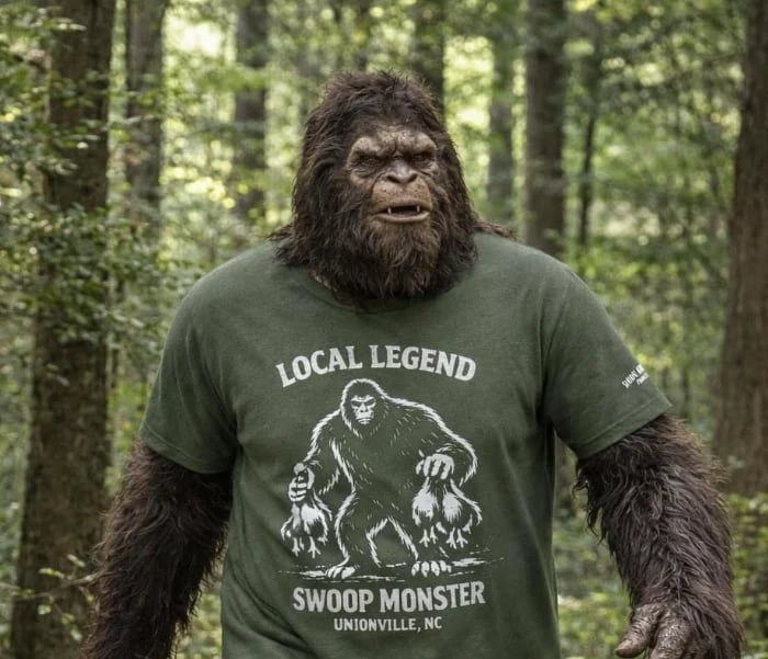 Person in Bigfoot costume wearing a green Local Legend Swoop Monster t-shirt standing in a forest