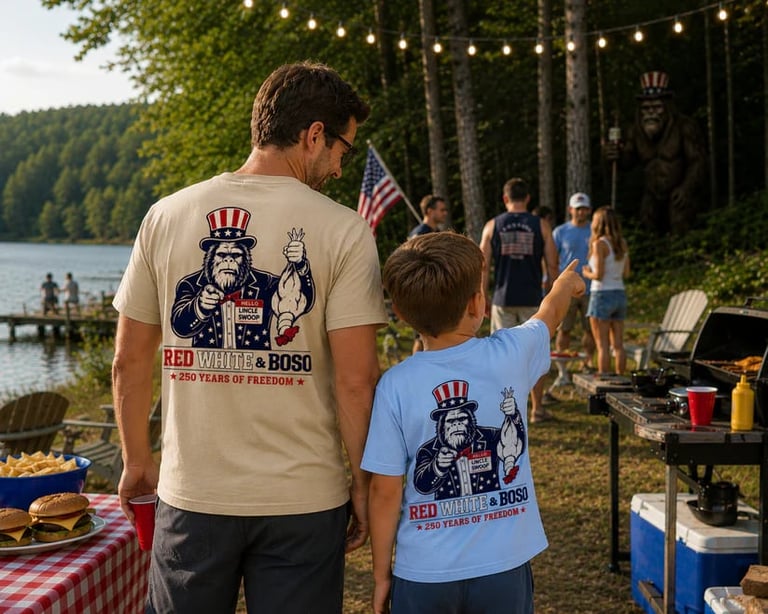 Adult and child wearing matching patriotic t-shirts at a lakeside picnic celebration with decorations and crowd