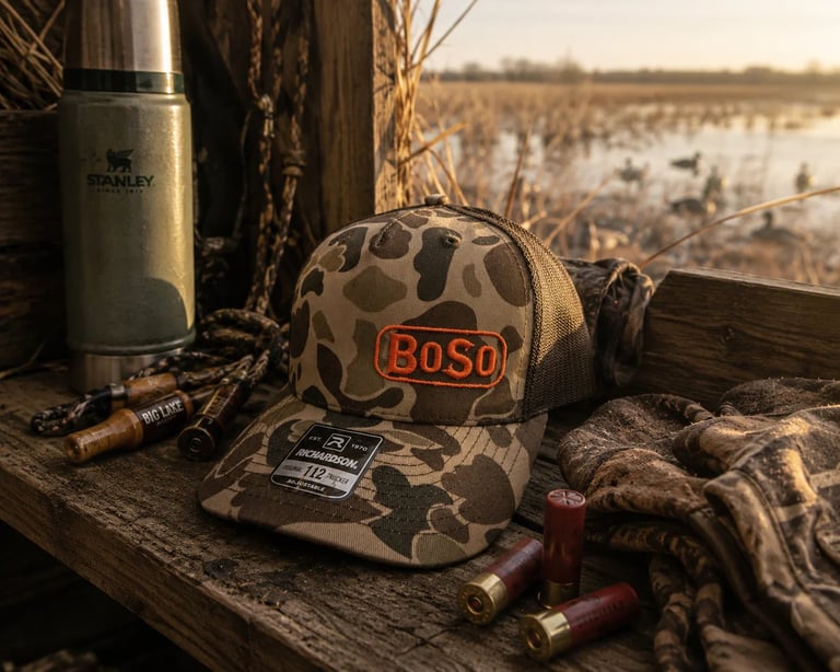 Camouflage BOSO cap with ammunition, thermos, and gloves on wooden surface overlooking a wetland hunting area