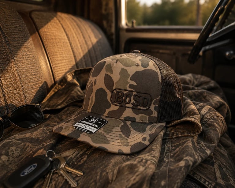 Camouflage baseball cap with OSSO branding sits on camouflage jacket inside a truck cab with umbrella and sunglasses visible