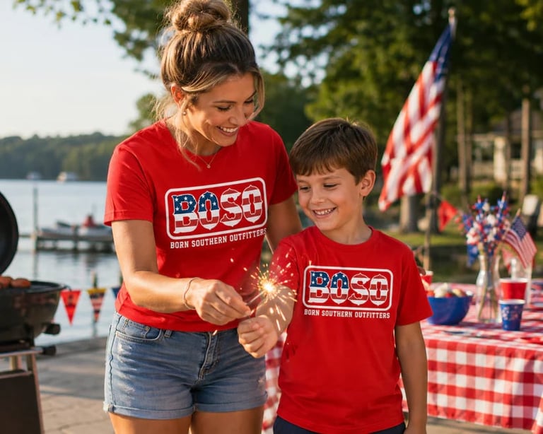 Woman and child wearing USA t-shirts holding sparklers at a patriotic July 4th celebration by a waterfront