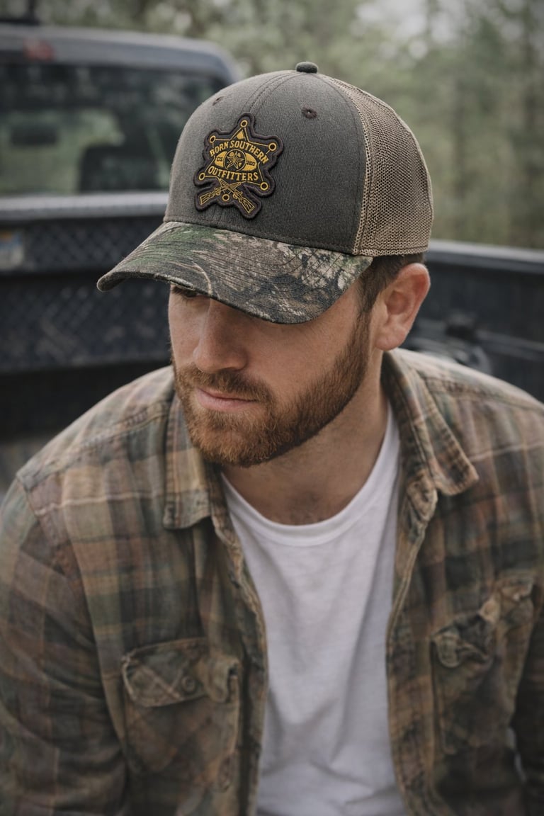 Man wearing camouflage baseball cap with gold emblem, plaid shirt, standing near pickup truck