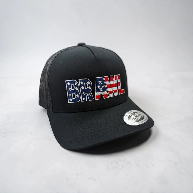 Black trucker hat with Dad Bod design text and American flag pattern on the front