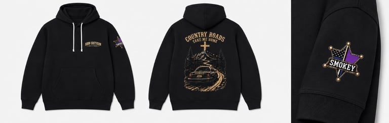 Black hoodies displayed front, back, and sleeve detail views featuring gold graphic designs