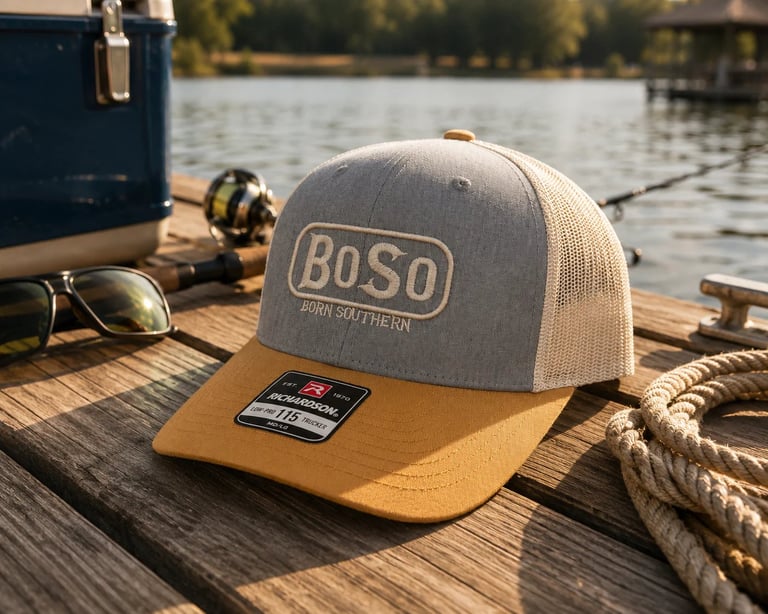 BoSo trucker cap with gray front and tan mesh back displayed on a boat deck with nautical items and water in background