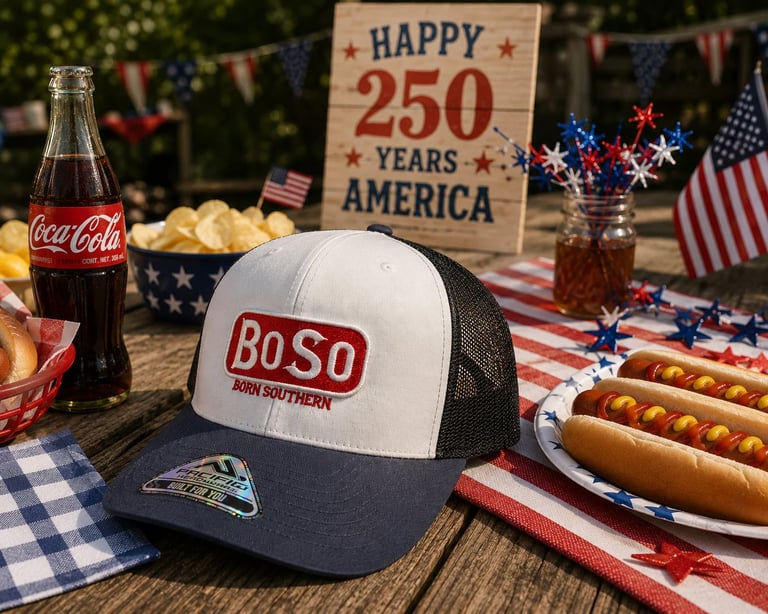 BOSO trucker cap displayed on picnic table with American flag decorations, hot dogs, Coca-Cola, and Happy 250 Years America sign