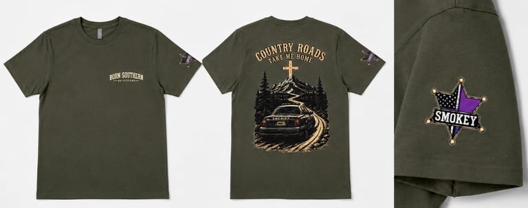 Three views of an olive green t-shirt with front, back, and sleeve designs featuring religious and graphic artwork