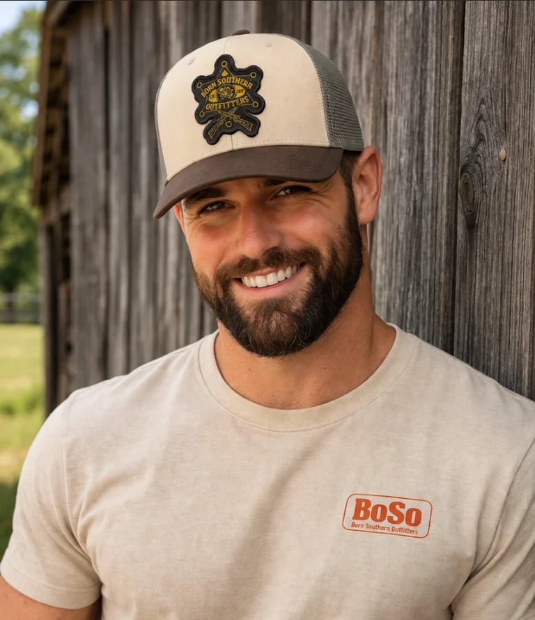 Smiling man with dark beard wearing cream and brown trucker cap with star logo and beige t-shirt with BoSo text, standing in front of wooden wall