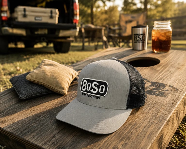 BOSO trucker cap and towel on wooden table at campsite with vehicles and drinks in background