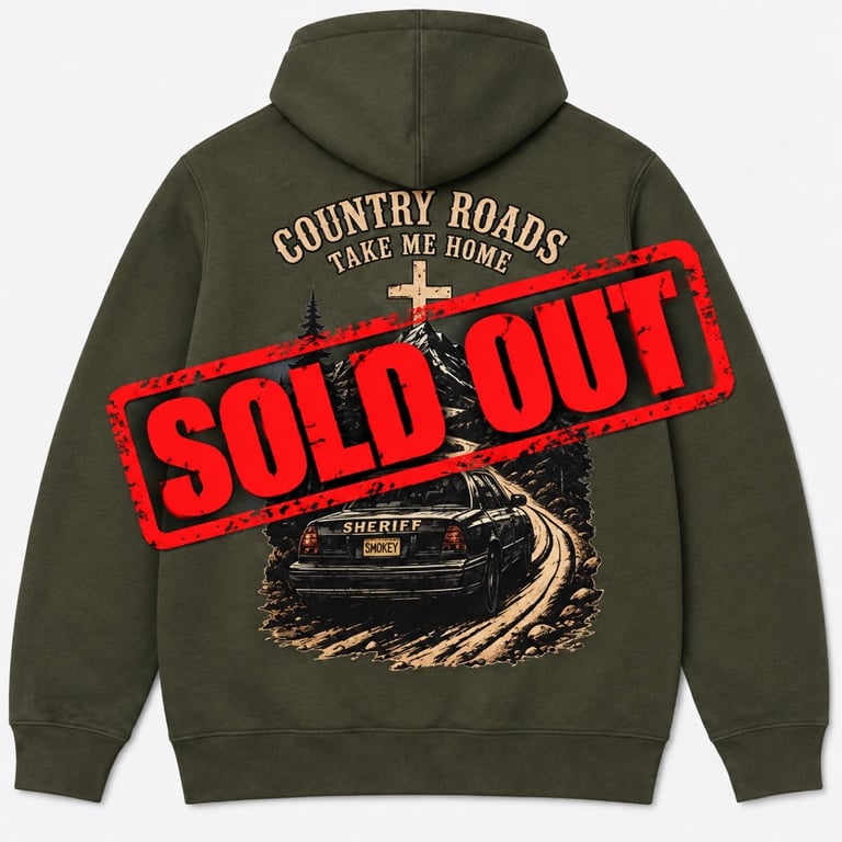Olive green hoodie with Country Roads graphic on back and red Sold Out stamp overlay