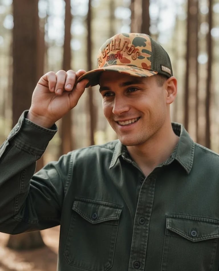 Smiling man wearing a green shirt and patterned trucker cap adjusting his hat in a forest setting