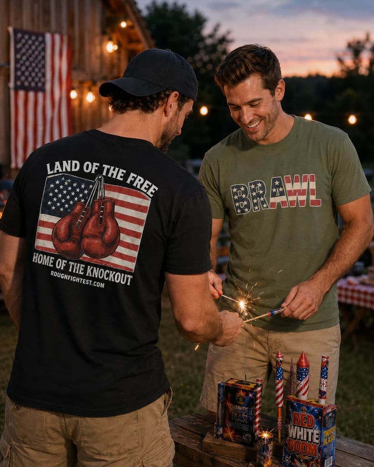 Two men in patriotic t-shirts holding fireworks at dusk with American flag and string lights in background