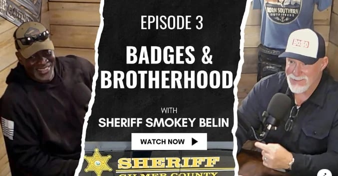 Episode 3 podcast titled Badges & Brotherhood featuring Sheriff Smokey Belin with two men in a recording studio setting