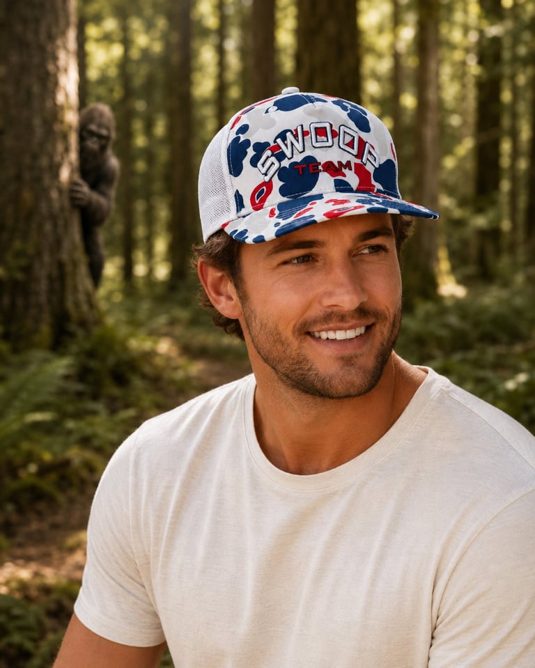 Man smiling at camera wearing white baseball cap with blue and red pattern and cream-colored t-shirt in forest setting