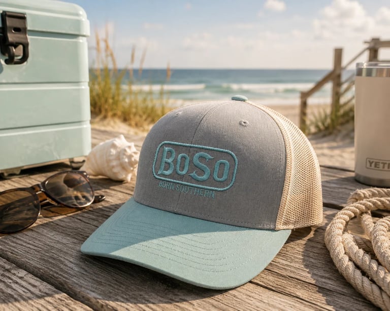 BOSO trucker hat on wooden boardwalk with beach, cooler, rope, and ocean view in background
